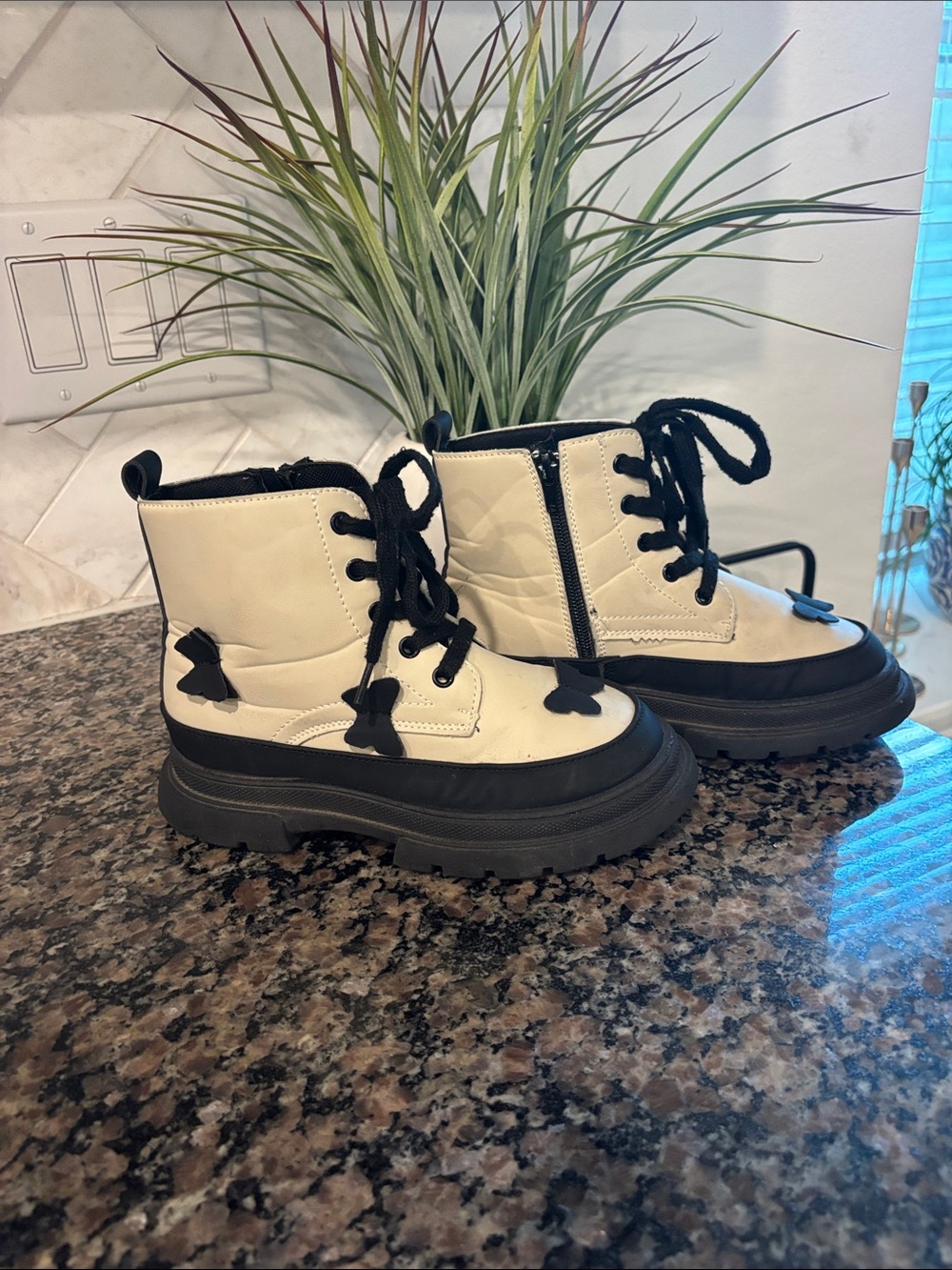 Kids Cream and Black Lace-Up Platform Boots